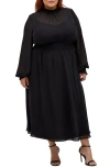 City Chic Portobello Rd Long Sleeve Sheer Mesh Overlay Maxi Dress In Black