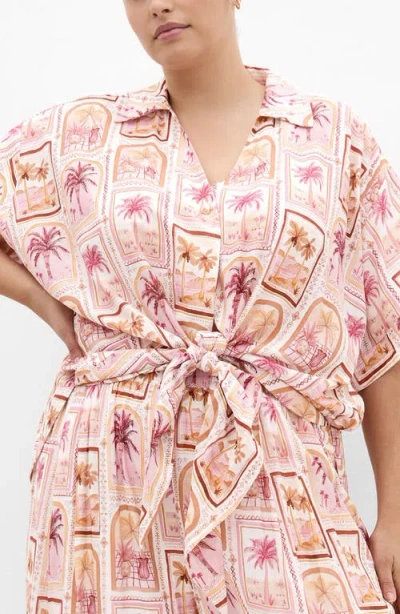 City Chic Postcard Print Tie Front Top In Pink