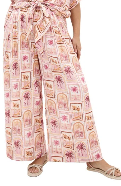 City Chic Postcard Print Wide Leg Pants In Pink