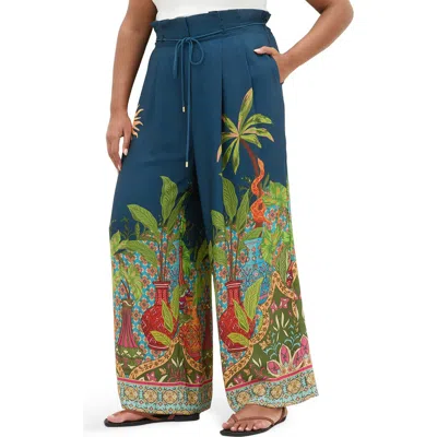 City Chic Print Pleated Wide Leg Pants In Multi