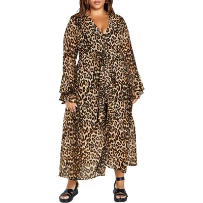 City Chic Print Tie Waist Long Sleeve Maxi Dress In Luxe Animal