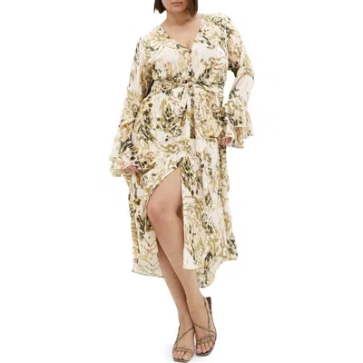 City Chic Print Tie Waist Long Sleeve Maxi Dress In Multi