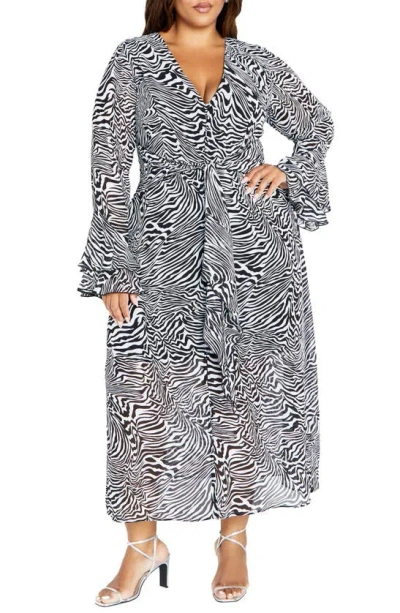 City Chic Print Tie Waist Long Sleeve Maxi Dress In Zebra
