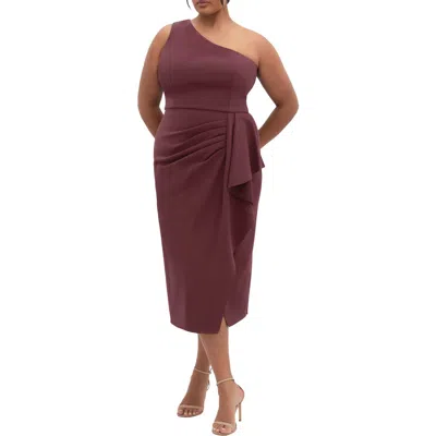 City Chic Priyanka Ruffle One-shoulder Midi Dress In Brown