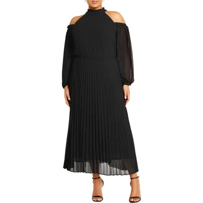 City Chic Promise Ruffle Pleated Long Sleeve Maxi Dress In Black