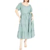 City Chic Puff Sleeve Tiered Midi Dress In Blue