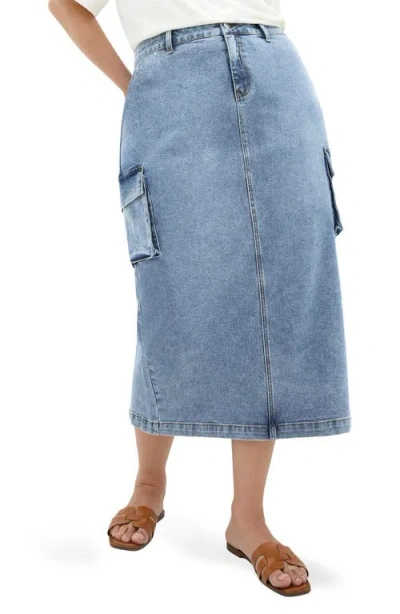 City Chic Raya Denim Midi Cargo Skirt In Light Denim