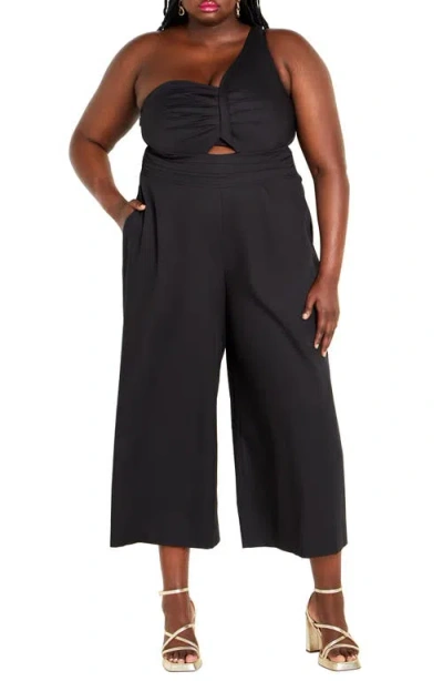 City Chic Rebecca One-shoulder Crop Jumpsuit In Black