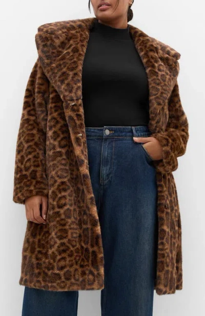 City Chic Remi Leopard Print Faux Fur Coat In Brown