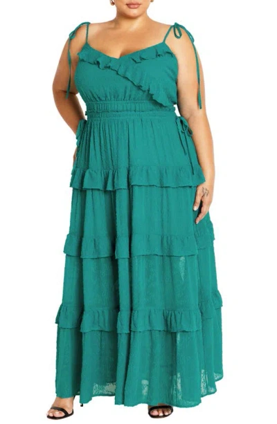 City Chic Renee Ruffle Tie Strap Maxi Dress In Emerald