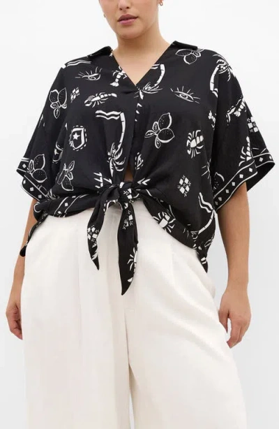 City Chic Resort Print Tie Front Top In Black