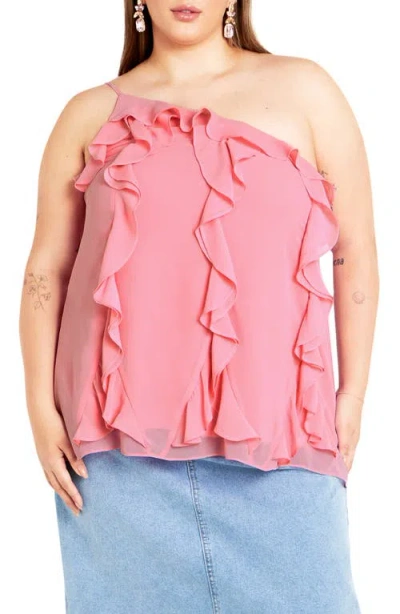 City Chic Rita Ruffle One Shoulder Top In Baby Pink