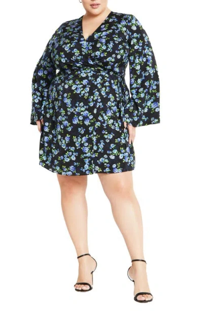City Chic Rivka Print Long Sleeve Wrap Dress In Blue