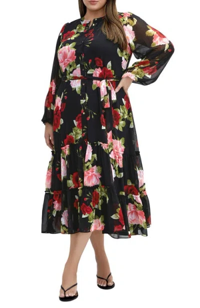 City Chic Roma Tie Waist Long Sleeve Maxi Dress In Dolce Black