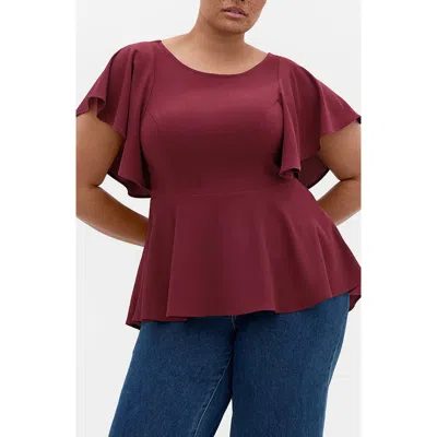 City Chic Romantic Mood Flutter Sleeve Peplum Top In Red