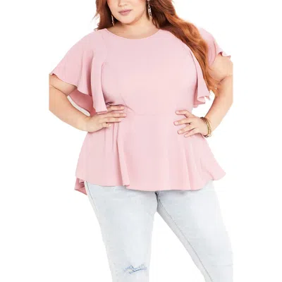 City Chic Romantic Mood Flutter Sleeve Top In Pink