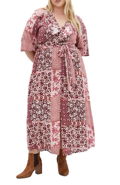 City Chic Romina Print Long Sleeve Maxi Dress In Pink