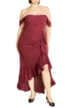 City Chic Rosabella Off The Shoulder Maxi Dress In Garnet