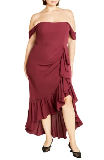 City Chic Rosabella Off The Shoulder Maxi Dress In Garnet