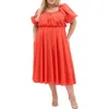 City Chic Rosabella Puff Sleeve Midi Dress In Sunset Coral