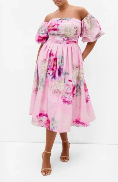 City Chic Rosalee Floral Off The Shoulder Cotton Dress In Pink