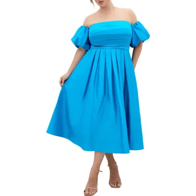 City Chic Rosalee Off The Shoulder Cotton Midi Dress In Blue
