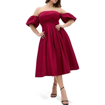 City Chic Rosalee Off The Shoulder Cotton Midi Dress In Burgundy