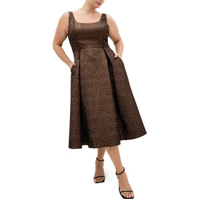 City Chic Rosella Jacquard Fit & Flare Midi Dress In Brown