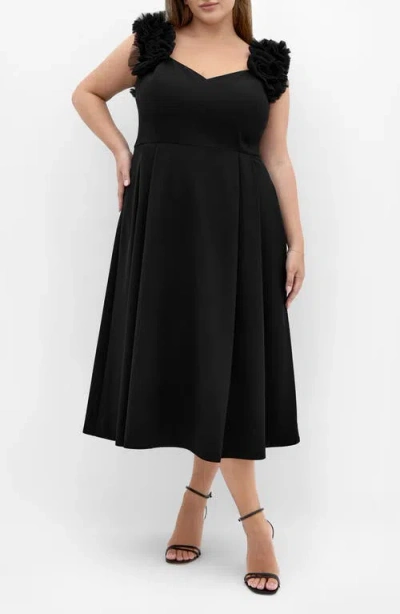 City Chic Roselyn Tulle Detail Midi Dress In Black
