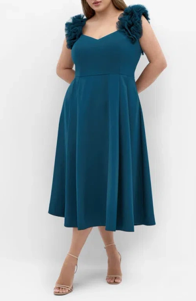 City Chic Roselyn Tulle Detail Midi Dress In Blue
