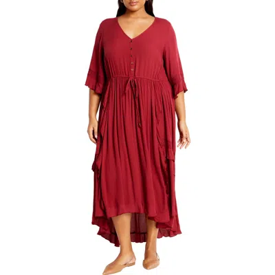 City Chic Rosie Lace Trim High-low Maxi Dress In Red