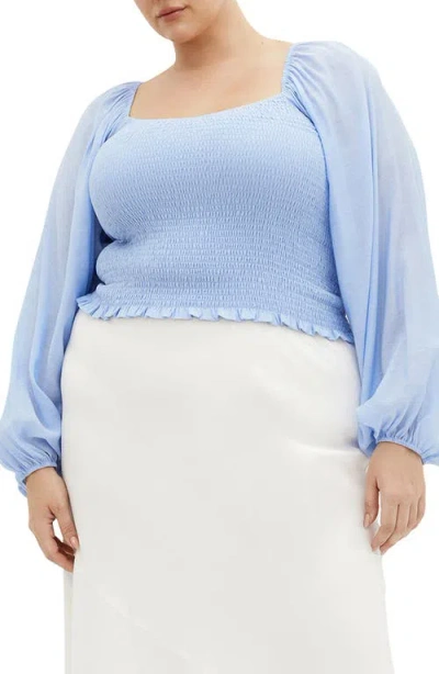 City Chic Rowy Smocked Balloon Sleeve Top In Sky Blue