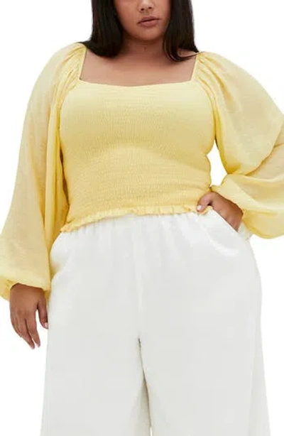 City Chic Rowy Smocked Balloon Sleeve Top In Yellow