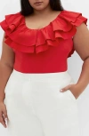 City Chic Ruffle Bodysuit In Red