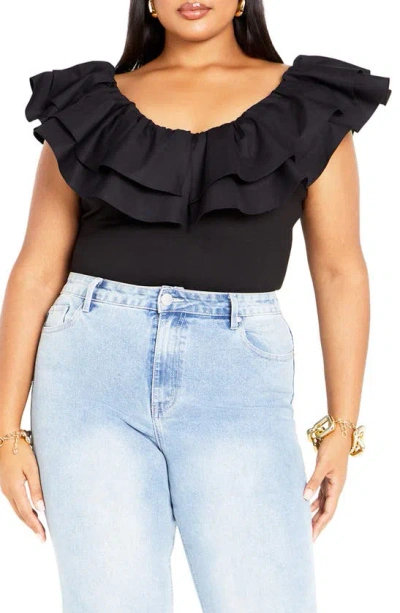 City Chic Ruffle Bodysuit In Black