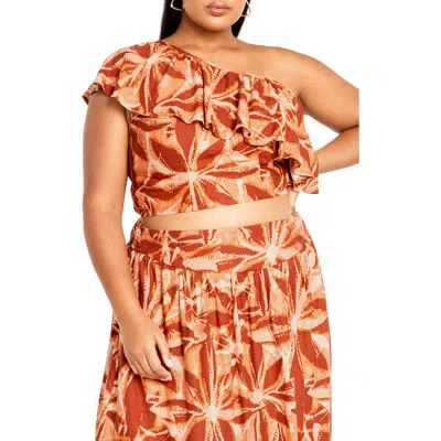 City Chic Runaway Ruffle One-shoulder Crop Top In Orange