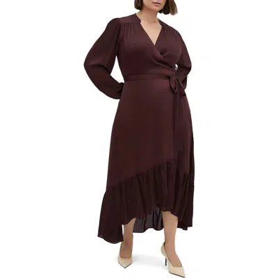 City Chic Rylie Love Long Sleeve High-low Satin Maxi Dress In Spiced Plum