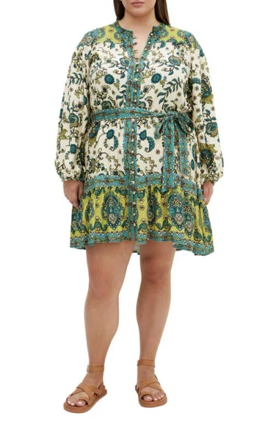 City Chic Sable Print Long Sleeve Minidress In Green