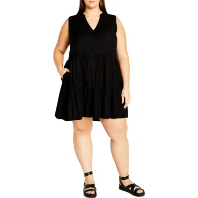 City Chic Saddie Tiered Button-up Dress In Black