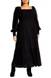 City Chic Sadie Smocked Bodice Long Sleeve Maxi Dress In Black