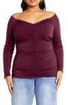 City Chic Sally Ruched Off The Shoulder Top In Burgundy