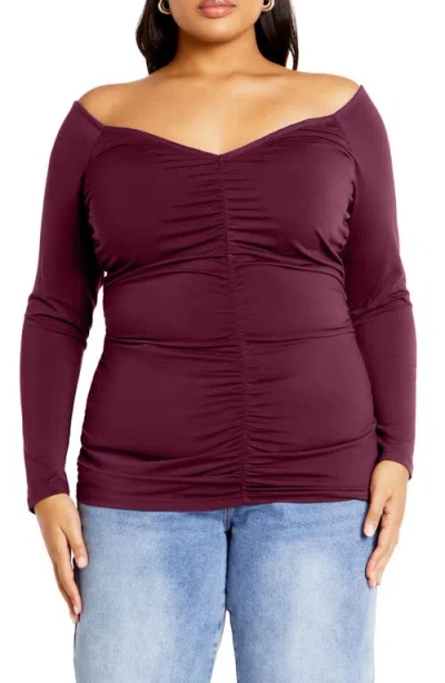 City Chic Sally Ruched Off The Shoulder Top In Plum