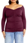 City Chic Sally Ruched Off The Shoulder Top In Burgundy