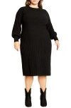 City Chic Saskia Long Sleeve Rib Sweater Dress In Black
