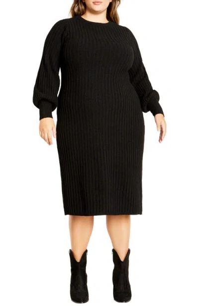 City Chic Saskia Long Sleeve Rib Sweater Dress In Black
