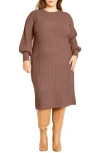 City Chic Saskia Long Sleeve Rib Sweater Dress In Mocha