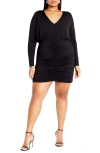 City Chic Sassy Sue Ruched Long Sleeve Minidress In Black