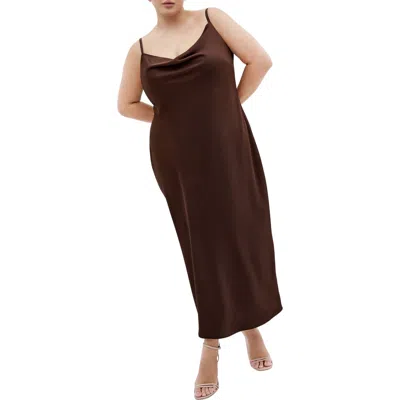 City Chic Satin Slipdress In Brown
