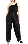 City Chic Savanna Sequin One-shoulder Jumpsuit In Black