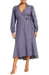 City Chic Selena Long Sleeve Cotton Blend Wrap Dress In Navy